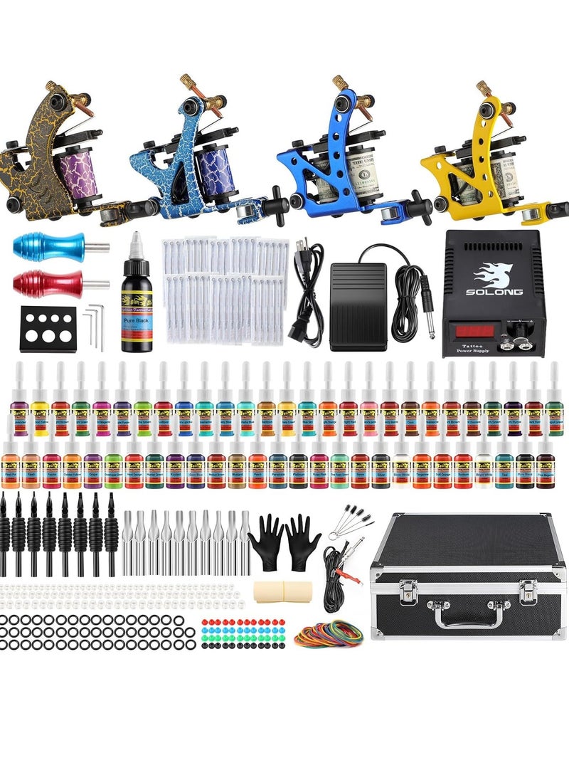 Solong Tattoo Complete Tattoo Kit 4 Pro Machine Guns 54 Inks Power Supply Foot Pedal Needles Grips Tips Carry Case TK453-US