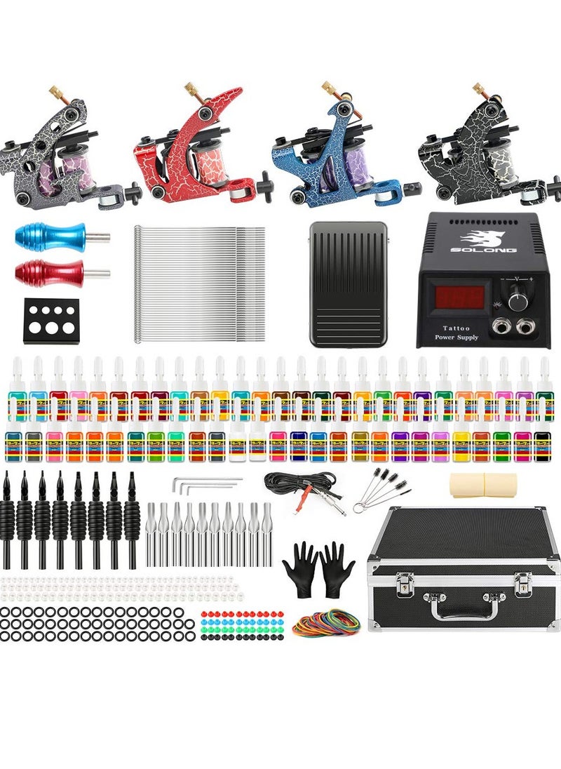 Solong Complete Tattoo Kit 4 Pro Machine Guns 54 Inks Power Supply Foot Pedal Needles Grips Tips Carry Case TK456-US