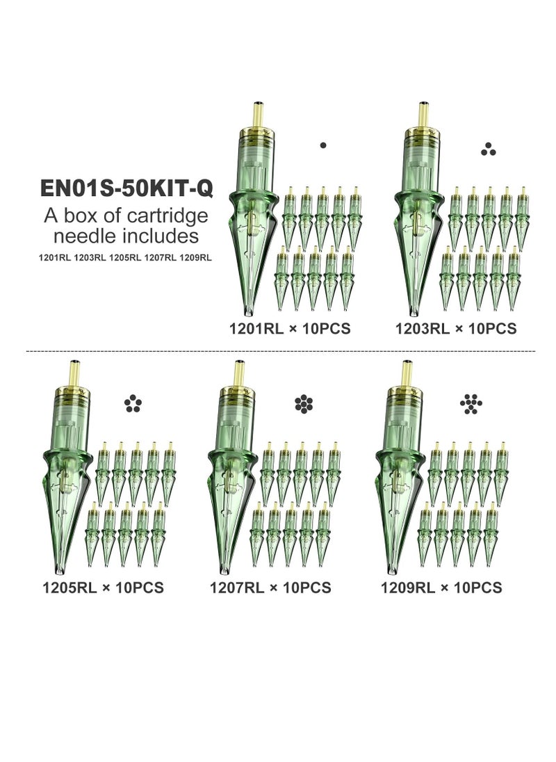 50Pcs Tattoo Needles Assorted, Solong Pro Disposable Tattoo Needles Size #12 Round Liner -10Pcs each of 1RL,3RL,5RL,7RL,9RL Tattoo Cartridge Needles EN01S-50KIT-Q