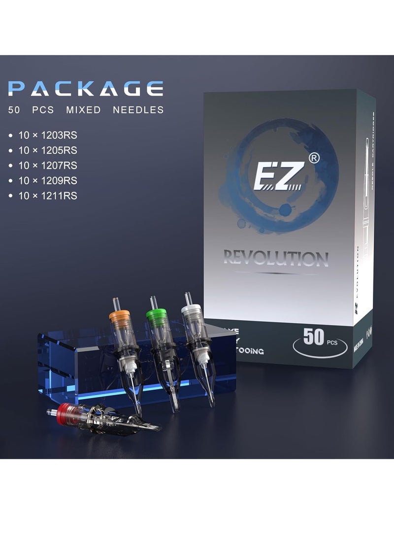 EZ Tattoo Cartridge Needles Assorted - 50Pcs #12 Mixed (3RS 5RS 7RS 9RS 11RS) Standard Round Shader Tattoo Needle Cartridges for Tattooing Rotary Tattoo Pen Machine Supply - Revolution