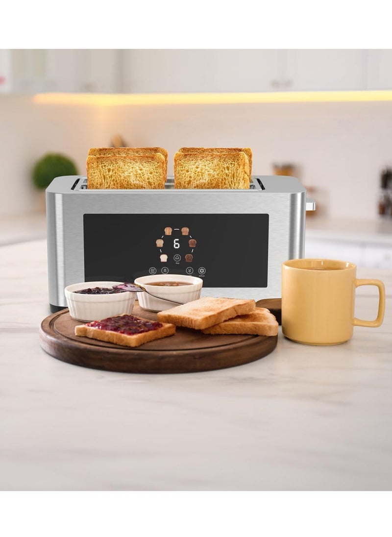 4-Slice Digital Pop up Toaster1400W, 6 Browning Levels, Defrost Heat Levels, Crumb Tray, Touch Panel, Smart Memory Function, Stainless Steel Housing