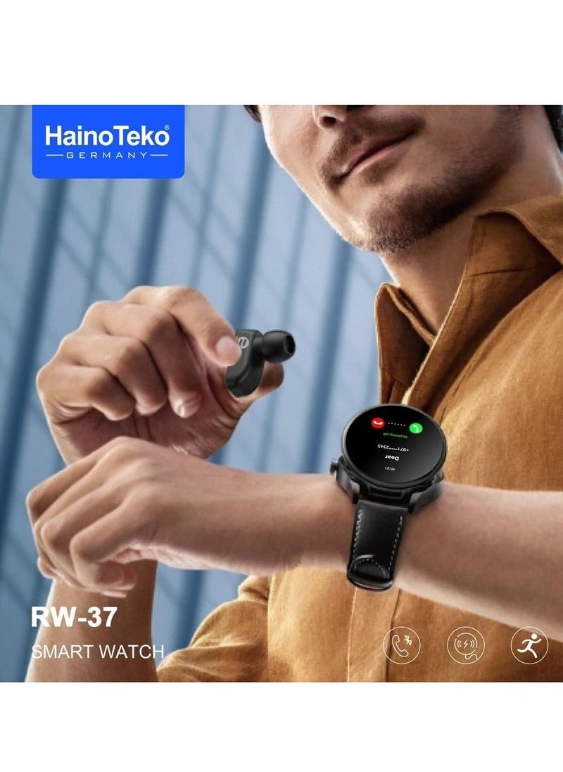 Haino Teko Germany RW37 Watch Buds Large Screen Round Shape AMOLED Display Smart Watch and Bluetooth Earbuds With 2 Pair Straps for Ladies and Gents