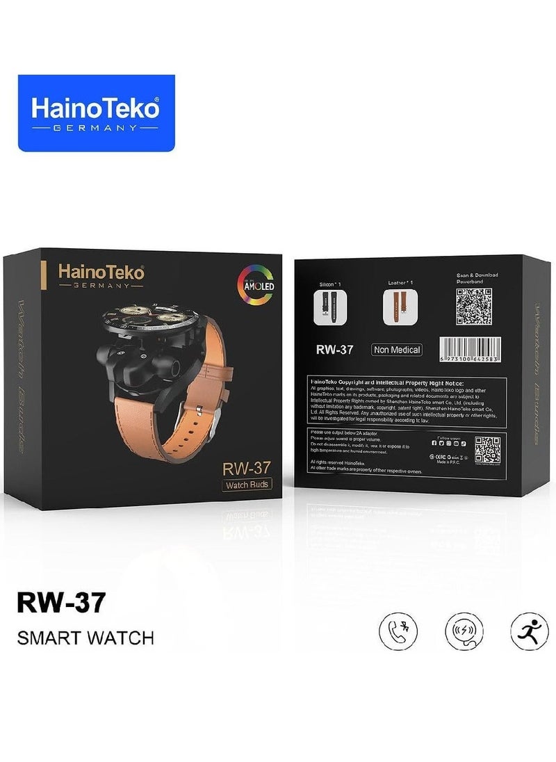 Haino Teko Germany RW37 Watch Buds Large Screen Round Shape AMOLED Display Smart Watch and Bluetooth Earbuds With 2 Pair Straps for Ladies and Gents