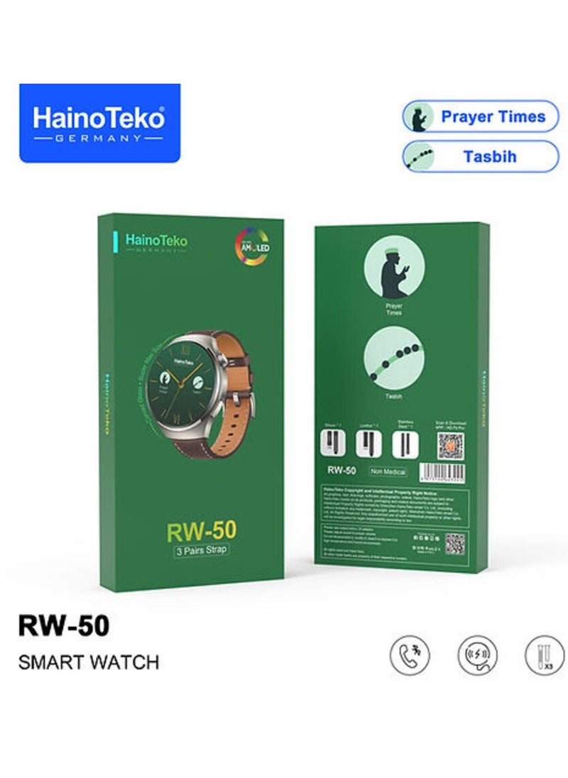 Haino Teko RW50 Super Max Size Round Shape Curved AMOLED Display Smart Watch With 3 Pair Straps For Gents and Boys Silver