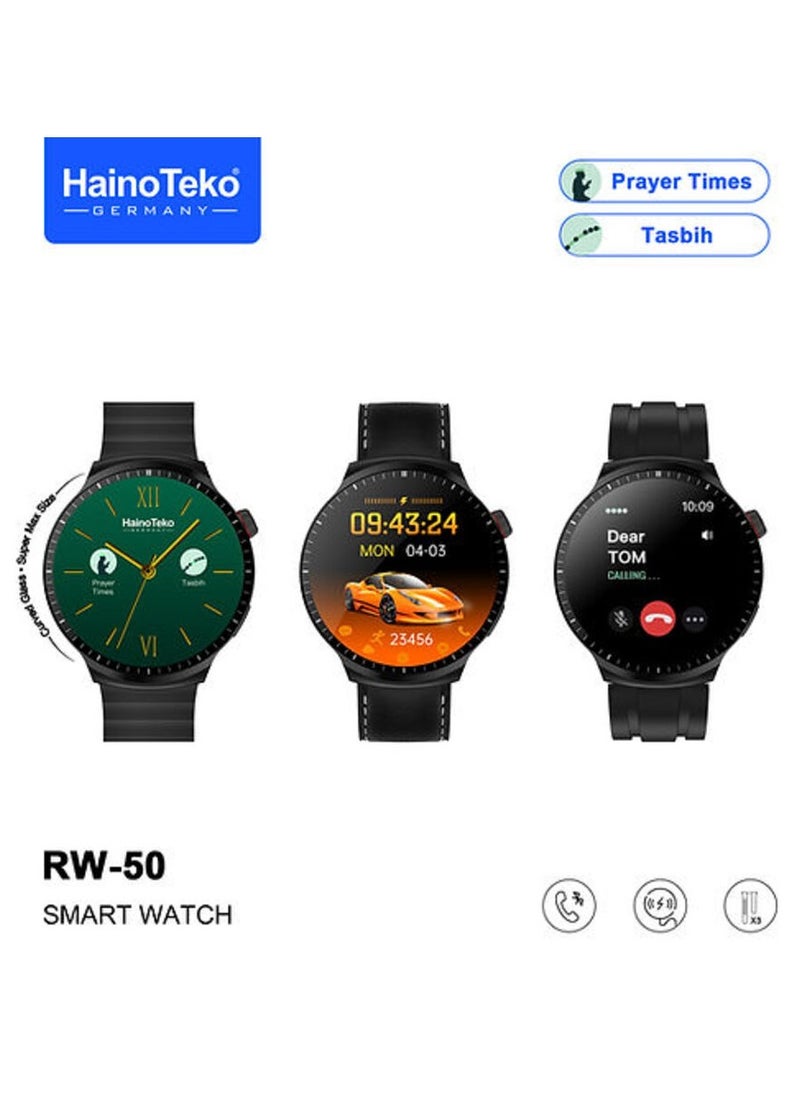 Haino Teko RW50 Super Max Size Round Shape Curved AMOLED Display Smart Watch With 3 Pair Straps For Gents and Boys Silver