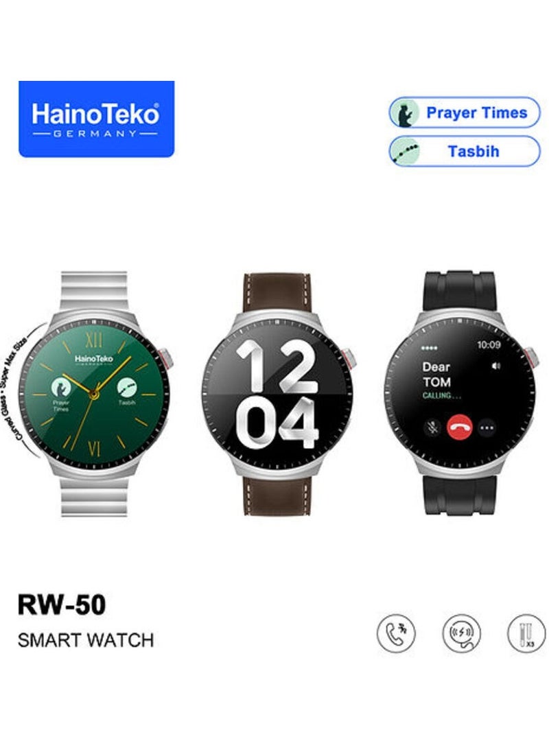 Haino Teko RW50 Super Max Size Round Shape Curved AMOLED Display Smart Watch With 3 Pair Straps For Gents and Boys Silver