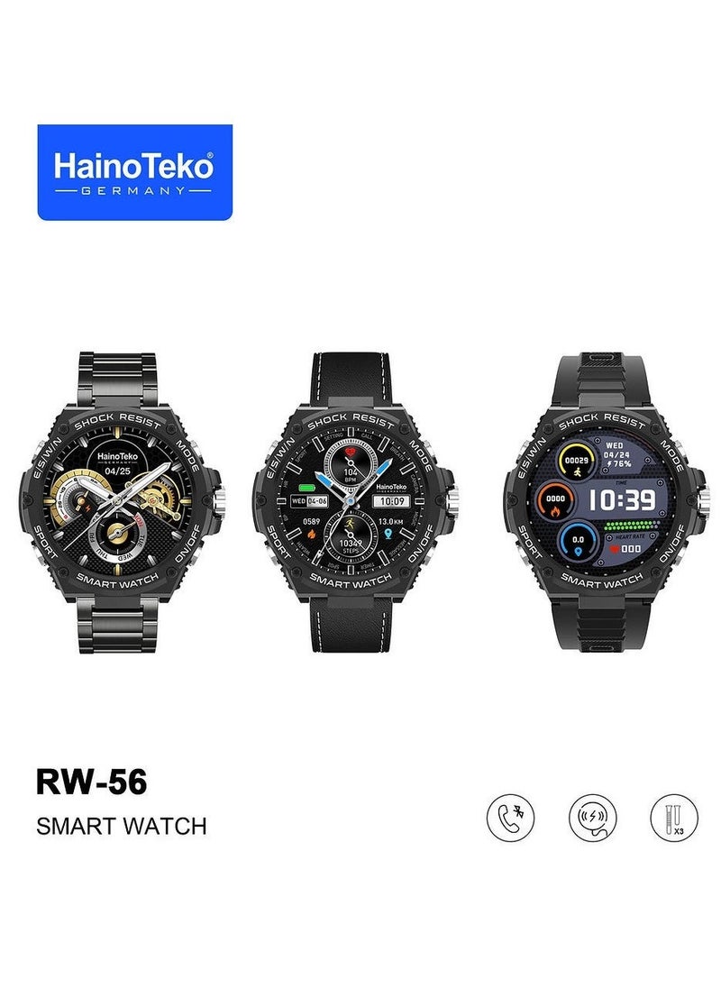 Haino Teko Germany RW56 Round Shape AMOLED Display Smart Watch With 3 Pair Straps And Wireless Charger Designed For Mens And Boys Silver