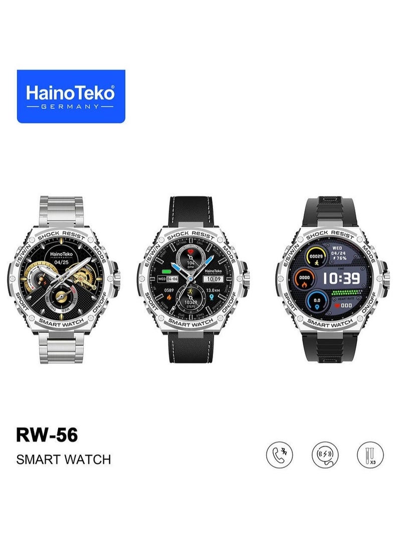 Haino Teko Germany RW56 Round Shape AMOLED Display Smart Watch With 3 Pair Straps And Wireless Charger Designed For Mens And Boys Silver