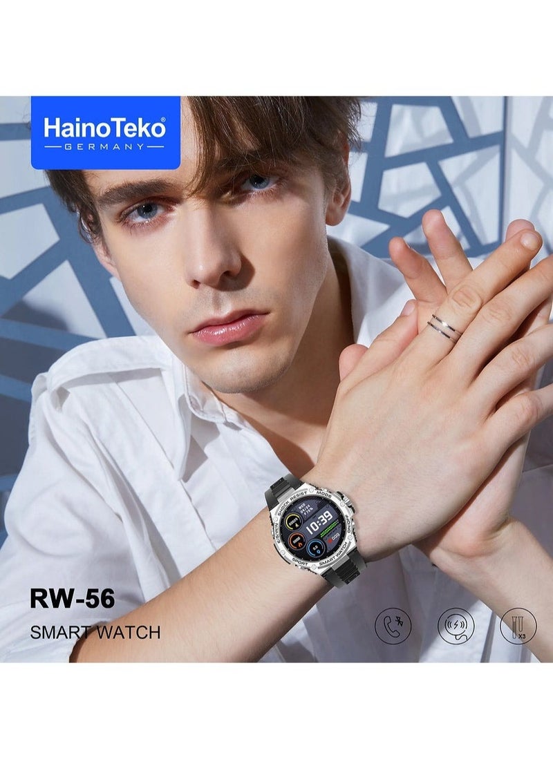 Haino Teko Germany RW56 Round Shape AMOLED Display Smart Watch With 3 Pair Straps And Wireless Charger Designed For Mens And Boys Silver