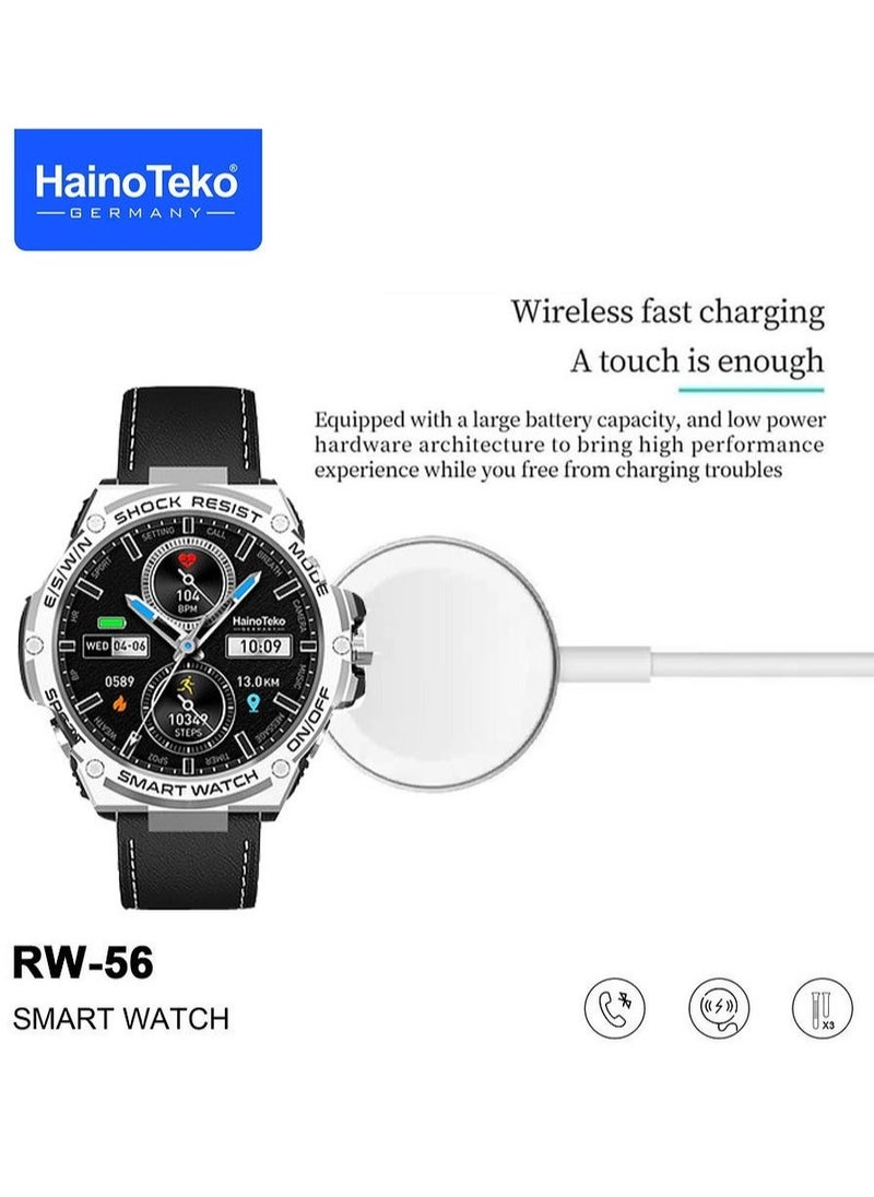 Haino Teko Germany RW56 Round Shape AMOLED Display Smart Watch With 3 Pair Straps And Wireless Charger Designed For Mens And Boys Silver