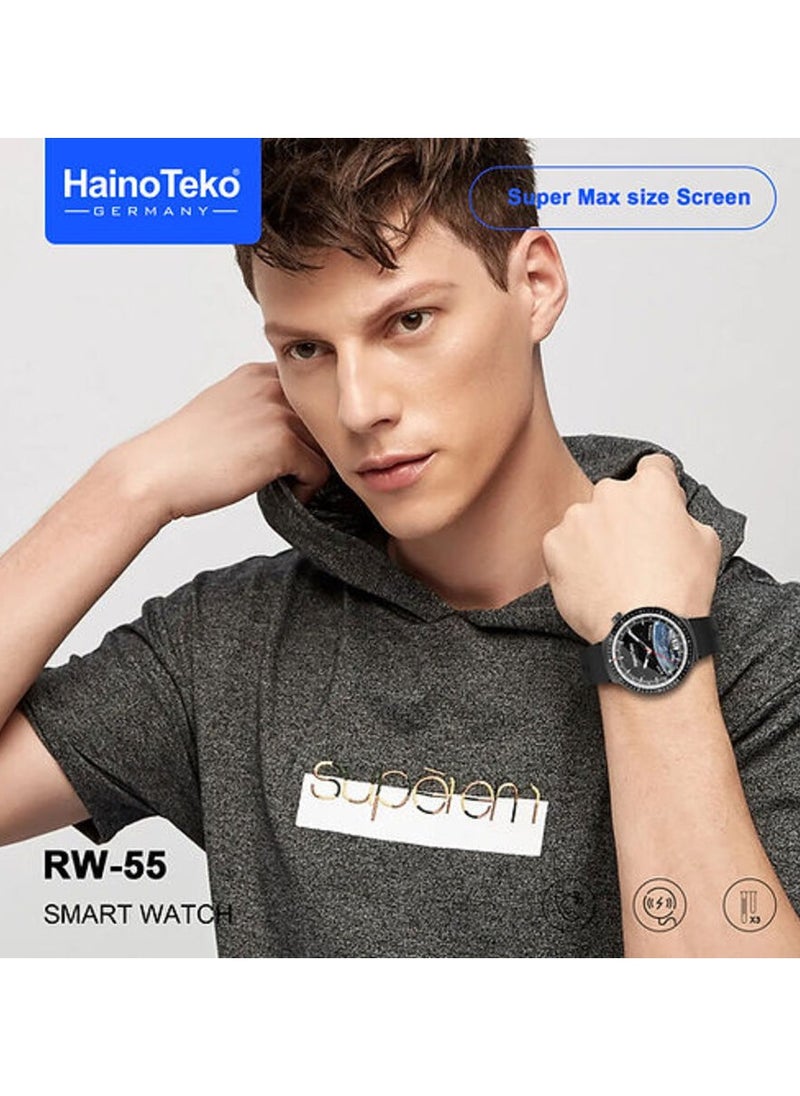 Haino Teko RW 55 Smart Watch With Super Max Curved AMOLED Display 3 Pair Straps and Charging Cable For Men Silver