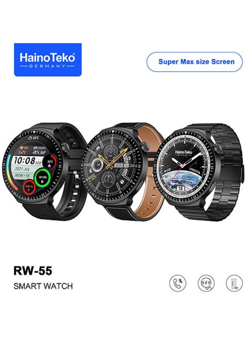 Haino Teko RW 55 Smart Watch With Super Max Curved AMOLED Display 3 Pair Straps and Charging Cable For Men Silver