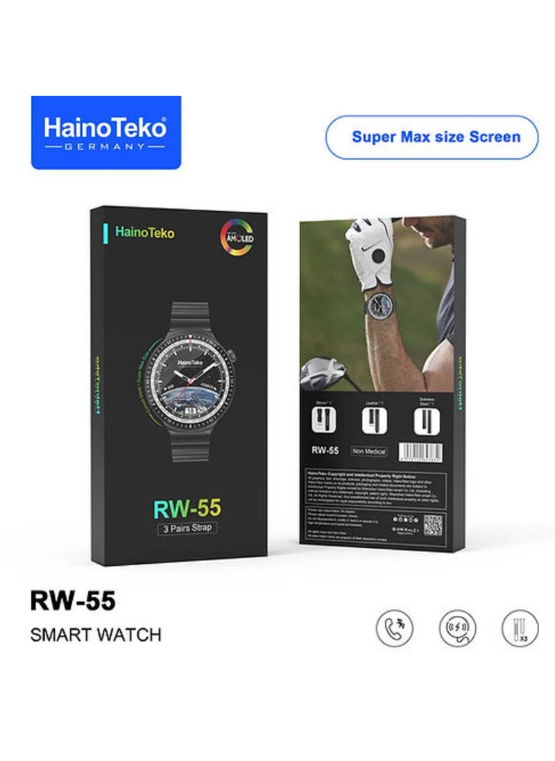 Haino Teko RW 55 Smart Watch With Super Max Curved AMOLED Display 3 Pair Straps and Charging Cable For Men Silver