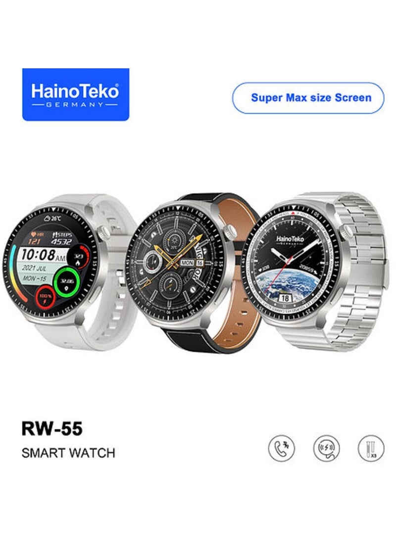 Haino Teko RW 55 Smart Watch With Super Max Curved AMOLED Display 3 Pair Straps and Charging Cable For Men Silver