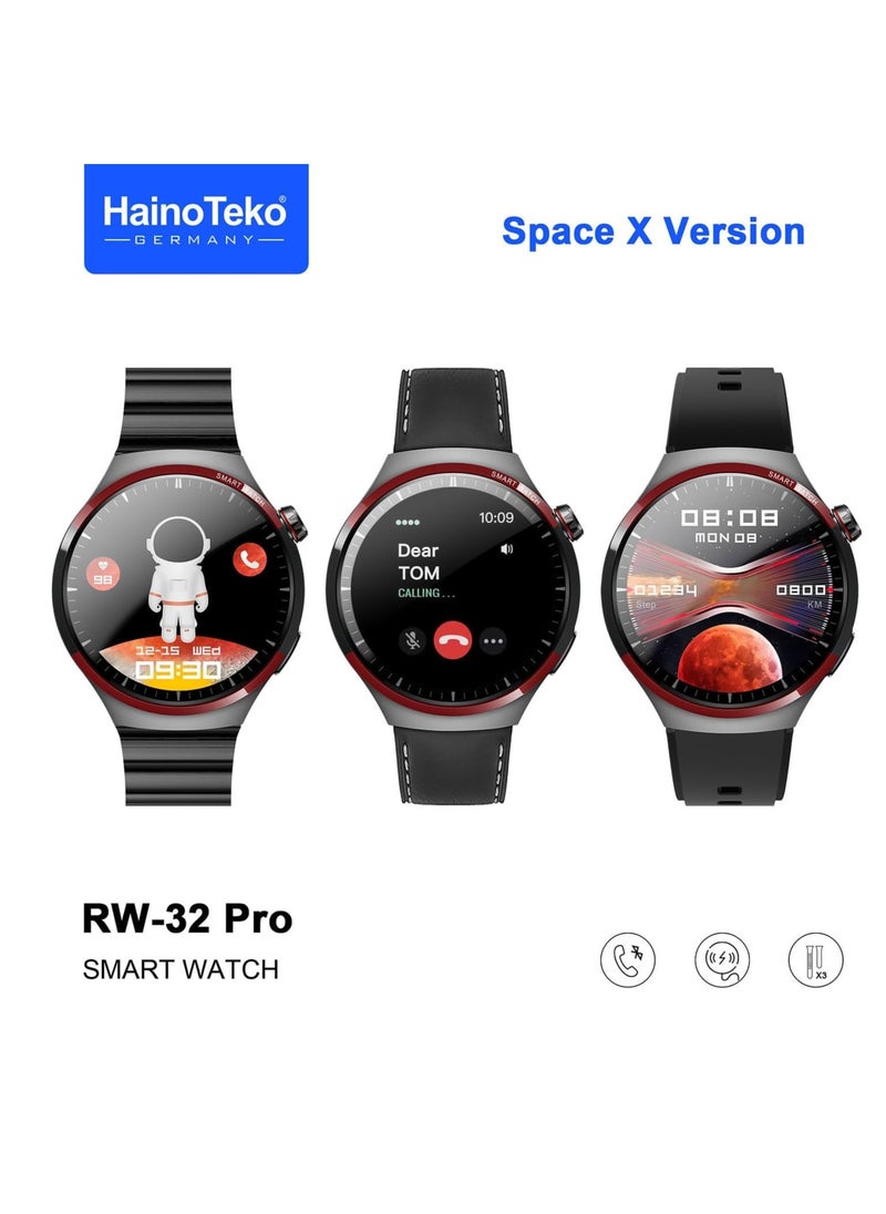 Haino Teko Germany RW32 Pro Space X Version Round Shape Curved AMOLED Display Smart Watch With 3 Pair Straps, Tasbeeh, 5 Time Pray Alarm and Wireless Charger Designed For Mens and Boys Black