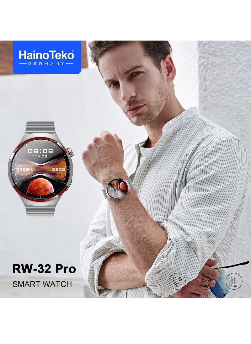 Haino Teko Germany RW32 Pro Space X Version Round Shape Curved AMOLED Display Smart Watch With 3 Pair Straps, Tasbeeh, 5 Time Pray Alarm and Wireless Charger Designed For Mens and Boys Black