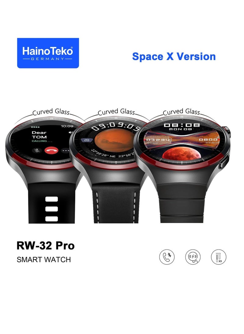 Haino Teko Germany RW32 Pro Space X Version Round Shape Curved AMOLED Display Smart Watch With 3 Pair Straps, Tasbeeh, 5 Time Pray Alarm and Wireless Charger Designed For Mens and Boys Black