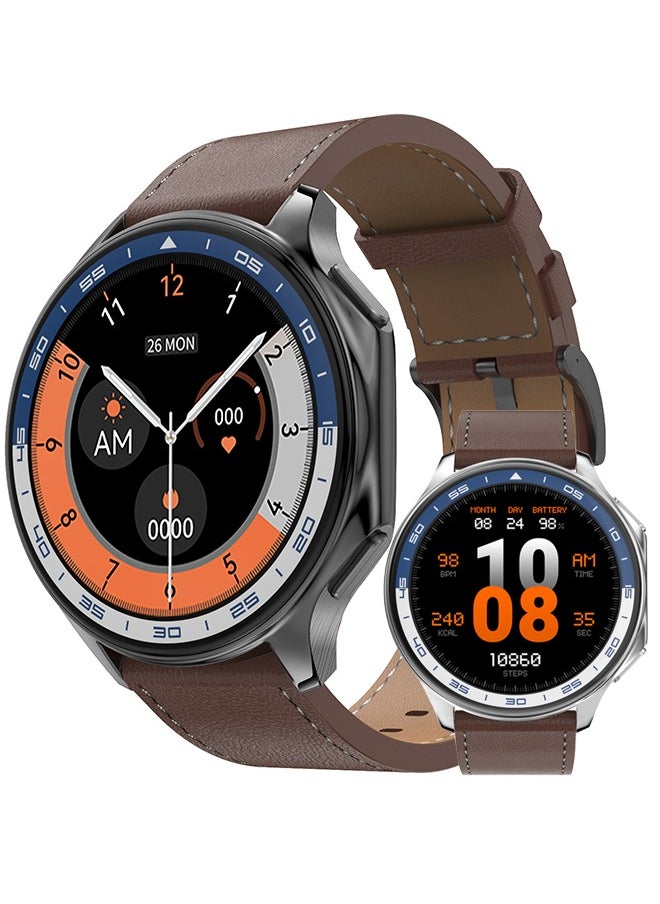 Men's Bluetooth Smartwatch, 1.43 Inch Full Screen Touch, Long Standby, Multiple Sports Modes, Heart Rate And Sleep Monitoring, Multi Language Selection, Brown Leather Strap DT Watch X