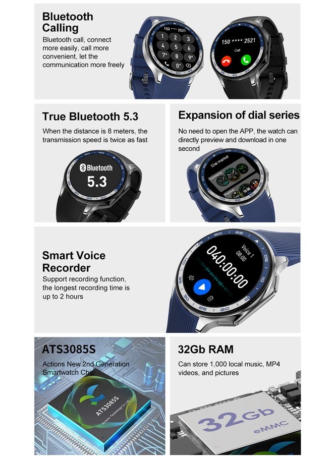 Men's Bluetooth Smartwatch, 1.43 Inch Full Screen Touch, Long Standby, Multiple Sports Modes, Heart Rate And Sleep Monitoring, Multi-Language Selection, Black Silicone Strap DT Watch X