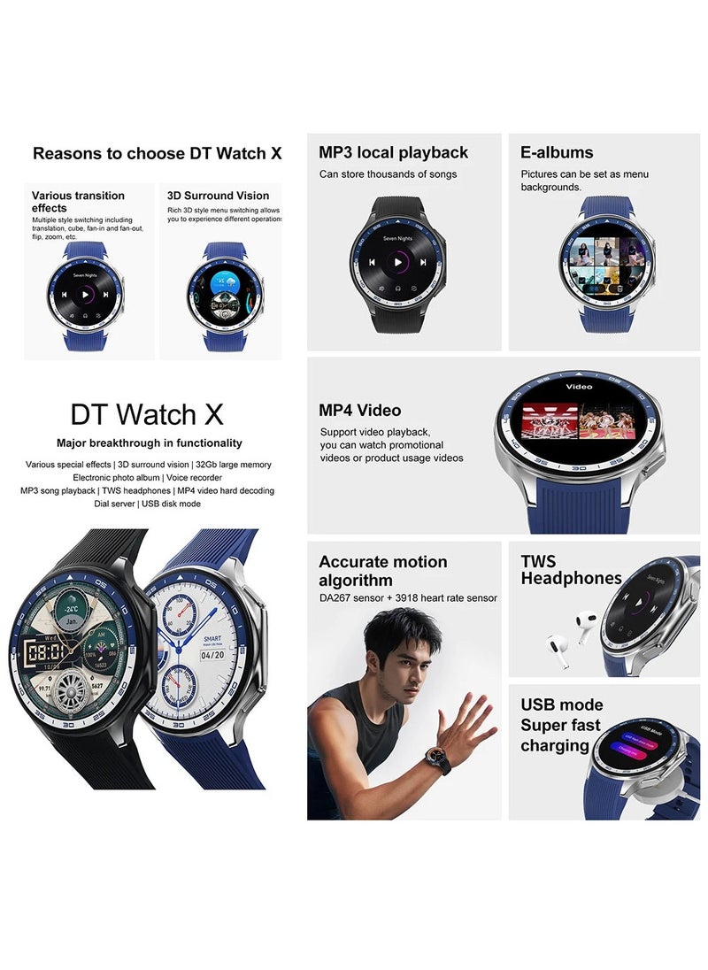 Men's Exquisite Bluetooth Smartwatch, 1.43 Inch Full Screen Touch, Answering/Making Calls, Sports Sleep Heart Rate Monitoring, Universal For Android 4.4 And IOS 10.0 Systems, IP68 Waterproof RT-DT Watch X