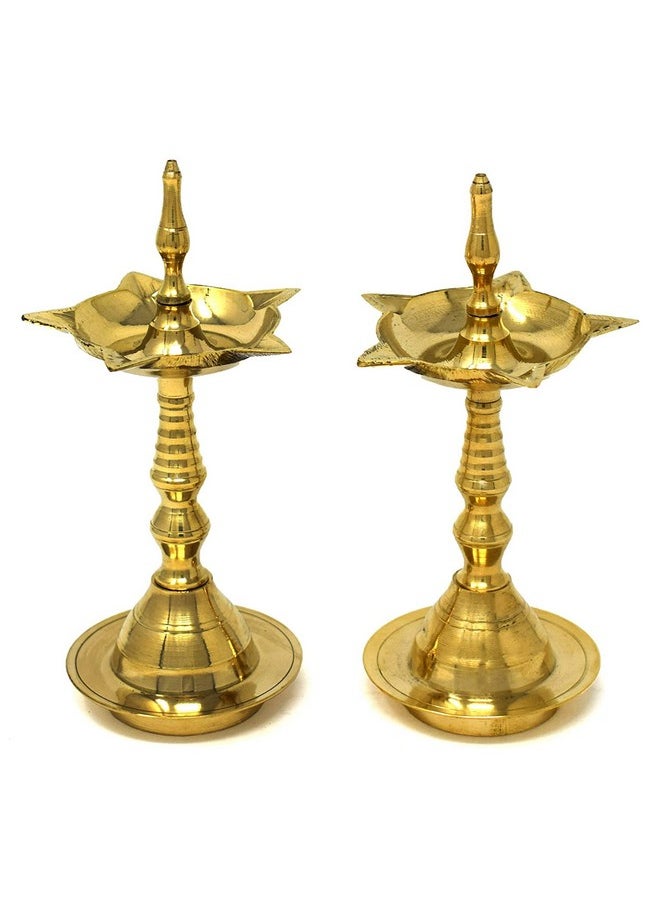 ® Brass Diya For Pooja Kerala Diya [10 Inch, Set Of 2, Size - Medium ] Diya Lamp For Puja Diwali Diyas - Traditional Samai Lamp Kutthu Vilakku Panchmahal Deepam - Indian Diwali Gifts