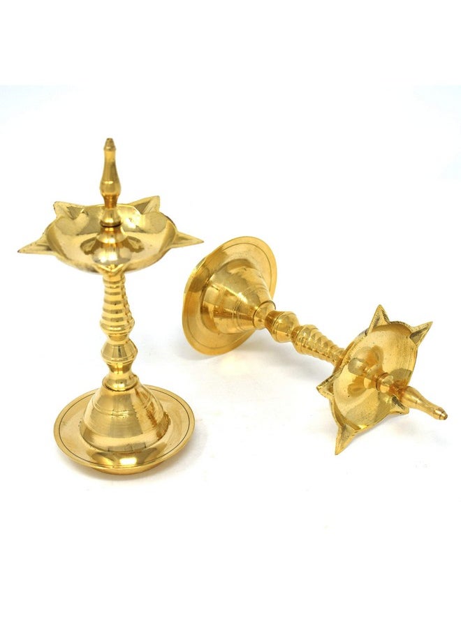 ® Brass Diya For Pooja Kerala Diya [10 Inch, Set Of 2, Size - Medium ] Diya Lamp For Puja Diwali Diyas - Traditional Samai Lamp Kutthu Vilakku Panchmahal Deepam - Indian Diwali Gifts