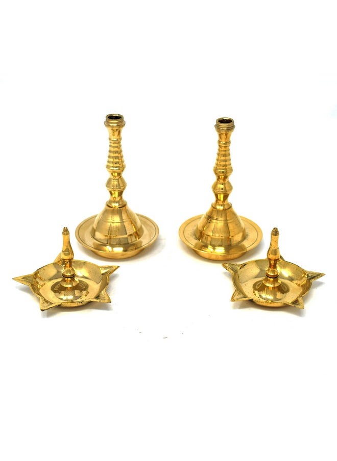 ® Brass Diya For Pooja Kerala Diya [10 Inch, Set Of 2, Size - Medium ] Diya Lamp For Puja Diwali Diyas - Traditional Samai Lamp Kutthu Vilakku Panchmahal Deepam - Indian Diwali Gifts