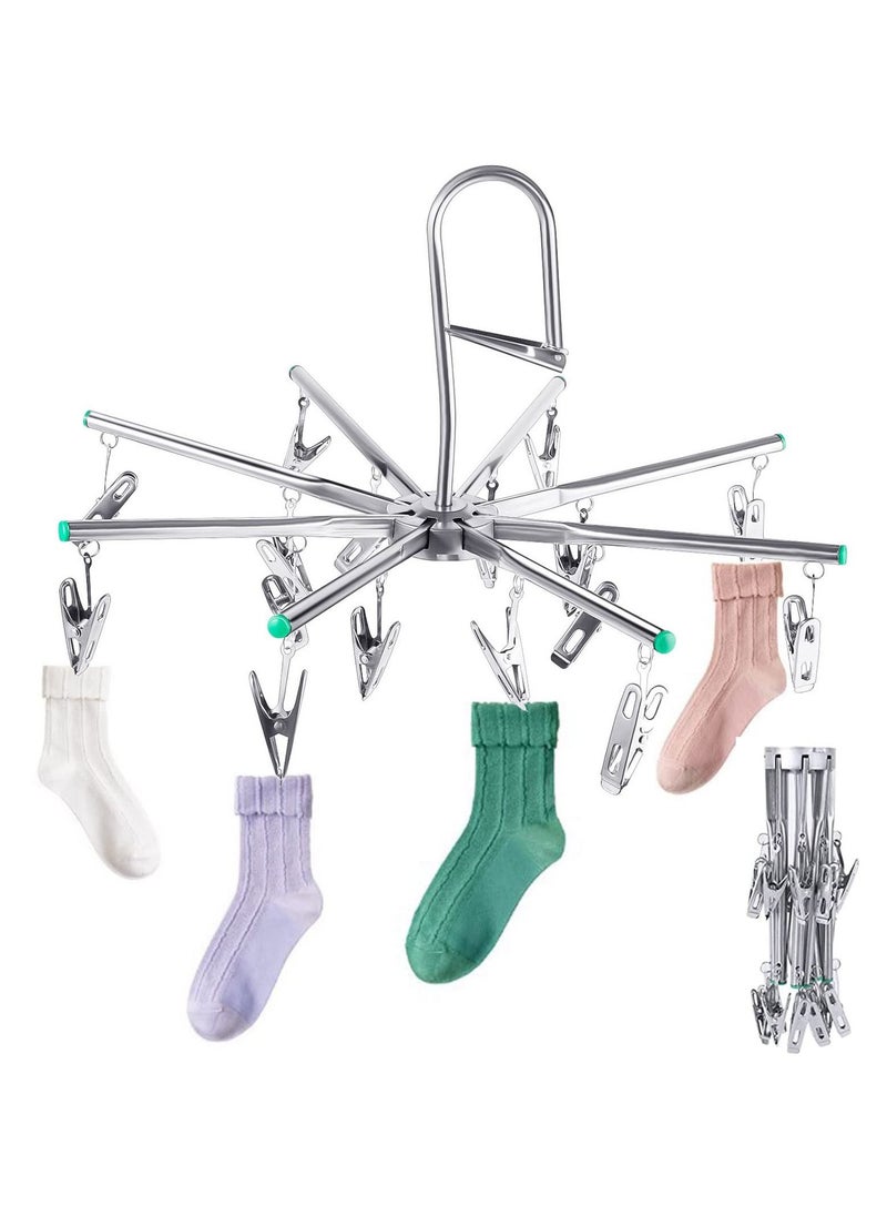 Sock Dryer Stainless Steel 16 Pegs Swivel Hook Clothes Drying Hanger Rustproof Clothesline Windproof Hanging Dryer for Underwear Socks Bras Baby Clothes Gloves