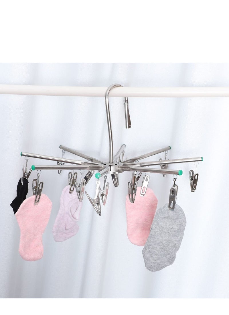 Sock Dryer Stainless Steel 16 Pegs Swivel Hook Clothes Drying Hanger Rustproof Clothesline Windproof Hanging Dryer for Underwear Socks Bras Baby Clothes Gloves