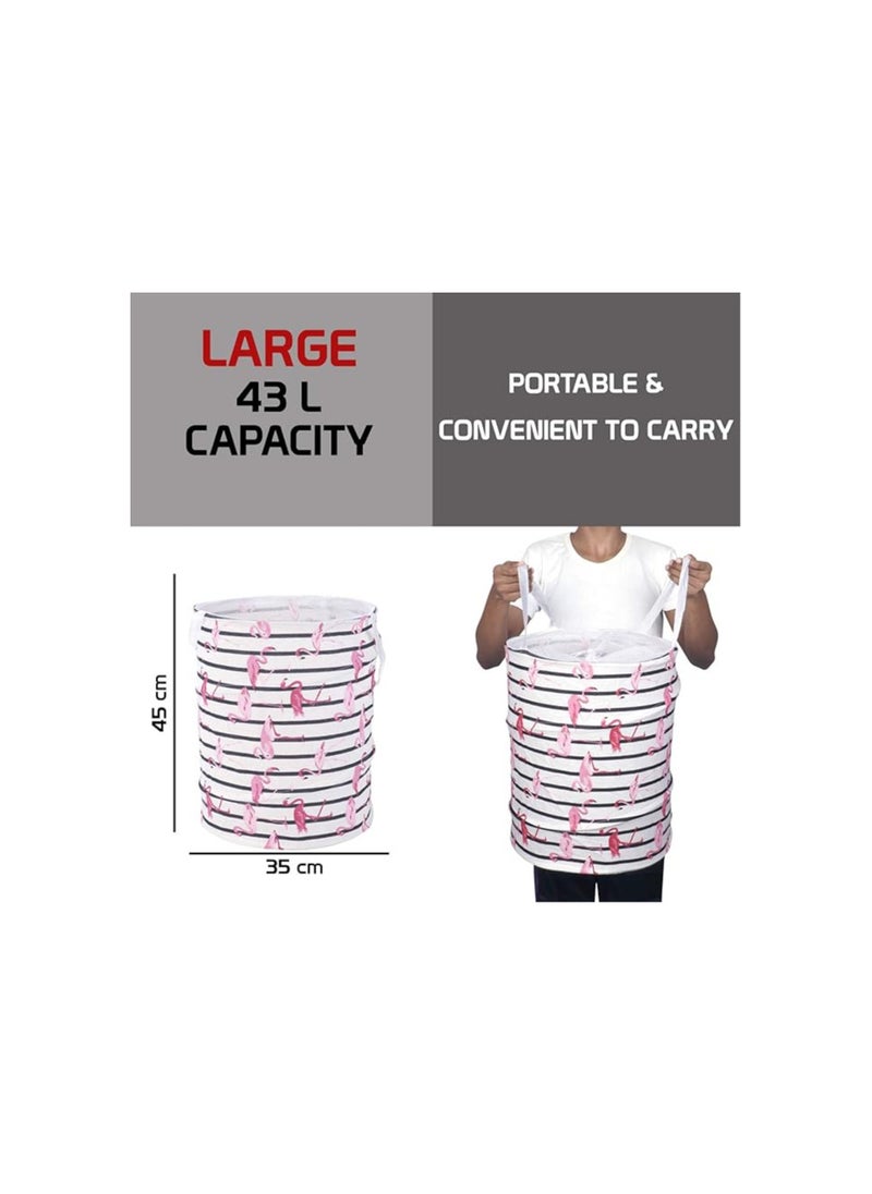 HOKIPO Pop Up Foldable Laundry Basket for Clothes with Lid Drawstring Closure | Dirty Clothes Storage Basket Bin- Large 43 Litre(Cotton,Pink)