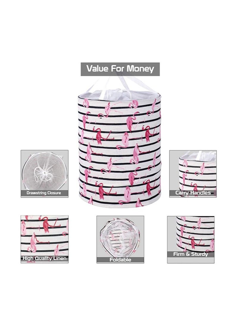 HOKIPO Pop Up Foldable Laundry Basket for Clothes with Lid Drawstring Closure | Dirty Clothes Storage Basket Bin- Large 43 Litre(Cotton,Pink)