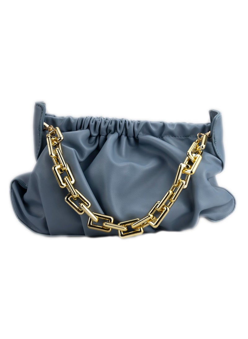 Chain Pouch Leather Clutch And Handbags For Women - Sling Bag, Shoulder Bag Chain Handle Blue Handbag & Long Strap