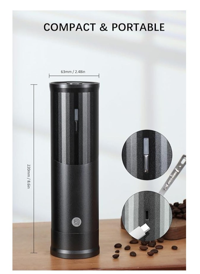 zeroHero RUI Portable Electric Coffee Grinder - 25-30g Capacity, CNC Stainless Steel Burr, Rechargeable 800mAh Battery, Silent Design, Adjustable Coarseness, Durable Aluminum Body - Black/Grey/Silver