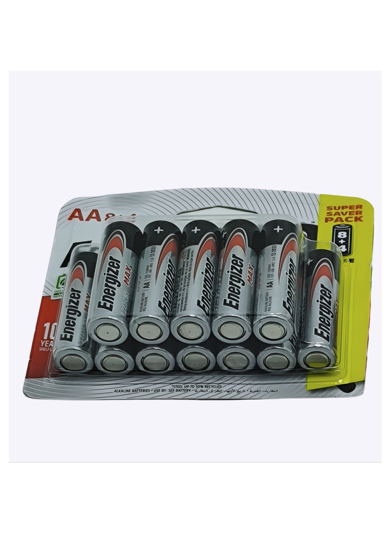 Max AA Alkaline Batteries 12 Pack (8+4 Free) - Long-Lasting Power | 10-Year Shelf Life