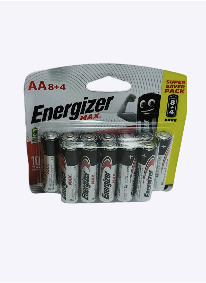 Max AA Alkaline Batteries 12 Pack (8+4 Free) - Long-Lasting Power | 10-Year Shelf Life
