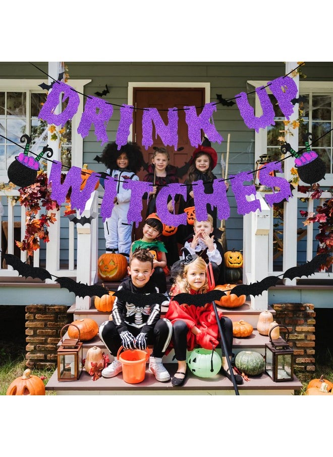 Purple Glitter Drink Up Witches Banner And Bats Halloween Banner, Halloween Witch Banner Witches Halloween Party Banner For Witch Party Decorations Halloween Haunted Mansion Party Decorations