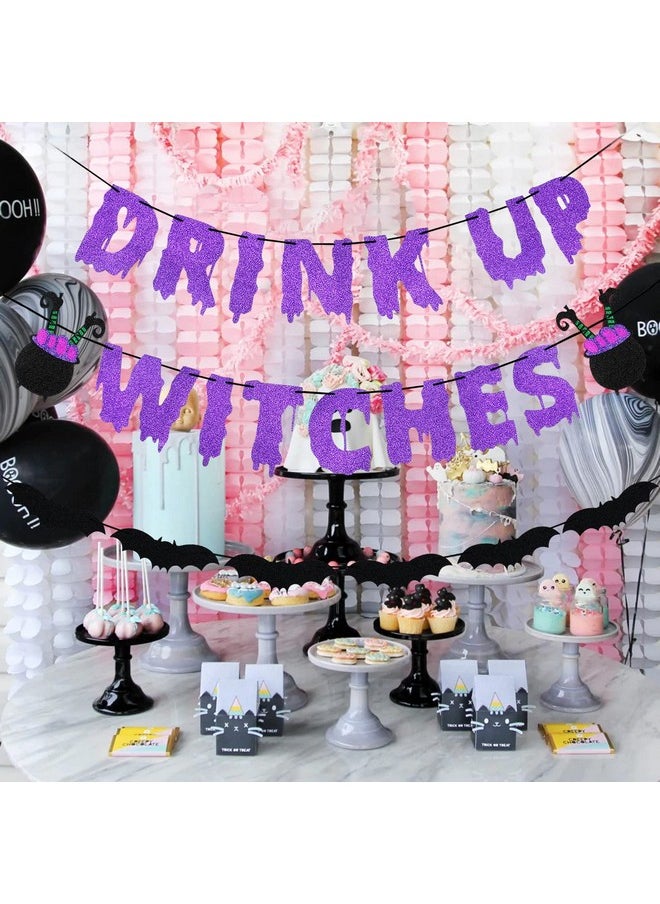 Purple Glitter Drink Up Witches Banner And Bats Halloween Banner, Halloween Witch Banner Witches Halloween Party Banner For Witch Party Decorations Halloween Haunted Mansion Party Decorations
