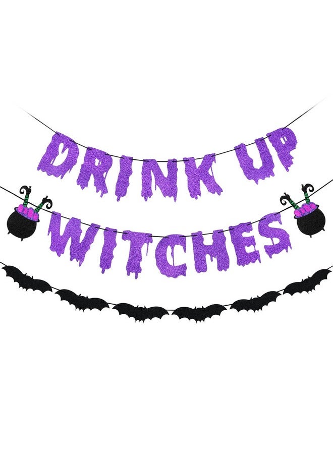 Purple Glitter Drink Up Witches Banner And Bats Halloween Banner, Halloween Witch Banner Witches Halloween Party Banner For Witch Party Decorations Halloween Haunted Mansion Party Decorations
