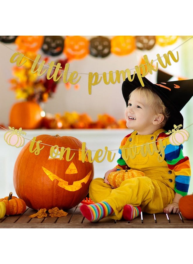 A Little Pumpkin Is On Her Way Banner For Fall Pumpkin Pink Girl Birthday Party Decorations, Thanksgiving Fall Theme Pumpkin Baby Shower Birthday Party Decorations Supplies (Gold & Pink Glitter)