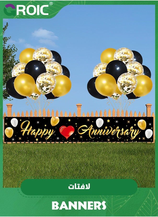 Black Gold Wedding Anniversary Decoration, Happy Yard Banner and 30Pcs Latex Balloons, Decorations for Party，Happy Sign