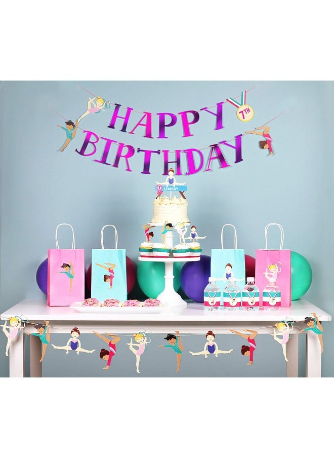 Gymnastics Party - Happy Birthday Banner In Metallic Pink | Gymnast Girls Birthday Banner Decorations | Gymnastics Party Supply
