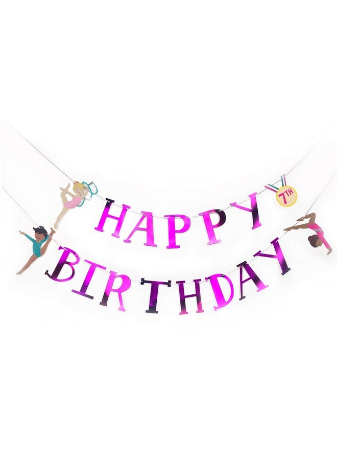Gymnastics Party - Happy Birthday Banner In Metallic Pink | Gymnast Girls Birthday Banner Decorations | Gymnastics Party Supply