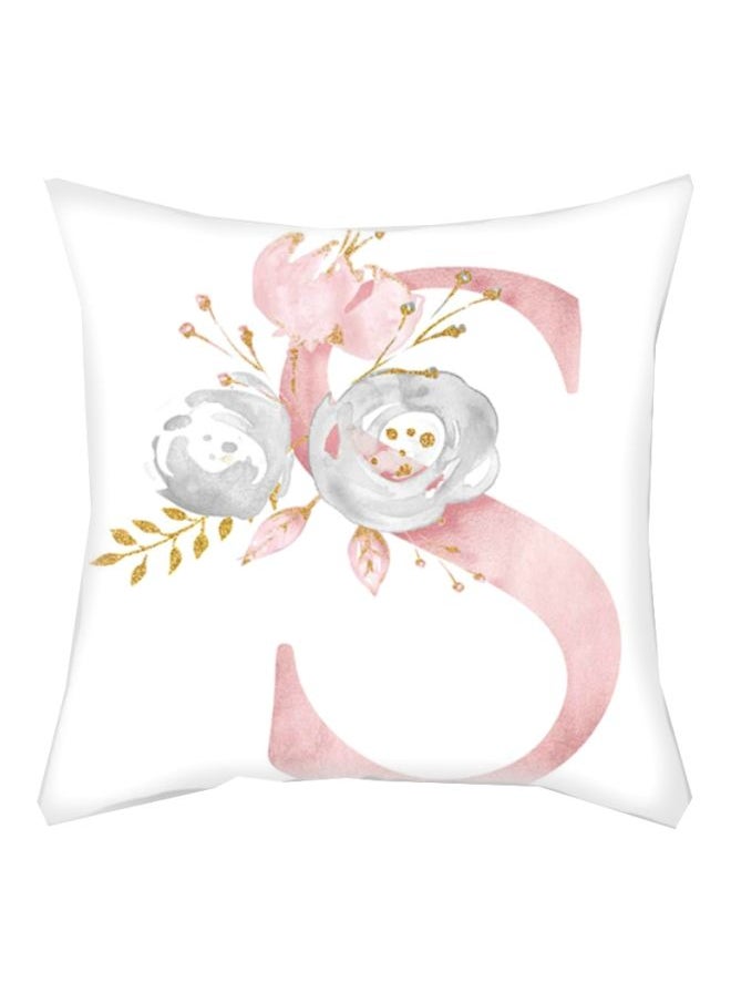 Letter S With Floral Printed Cushion Cover White/Pink/Blue