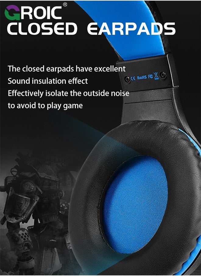 Blue Gaming Headset for PC PS5 PS4 Nintendo Xbox One Mac Laptop, Wired Stereo Over-Ear Headphones with Noise Cancelling Mic, Soft Memory Earmuffs Adults & Kids