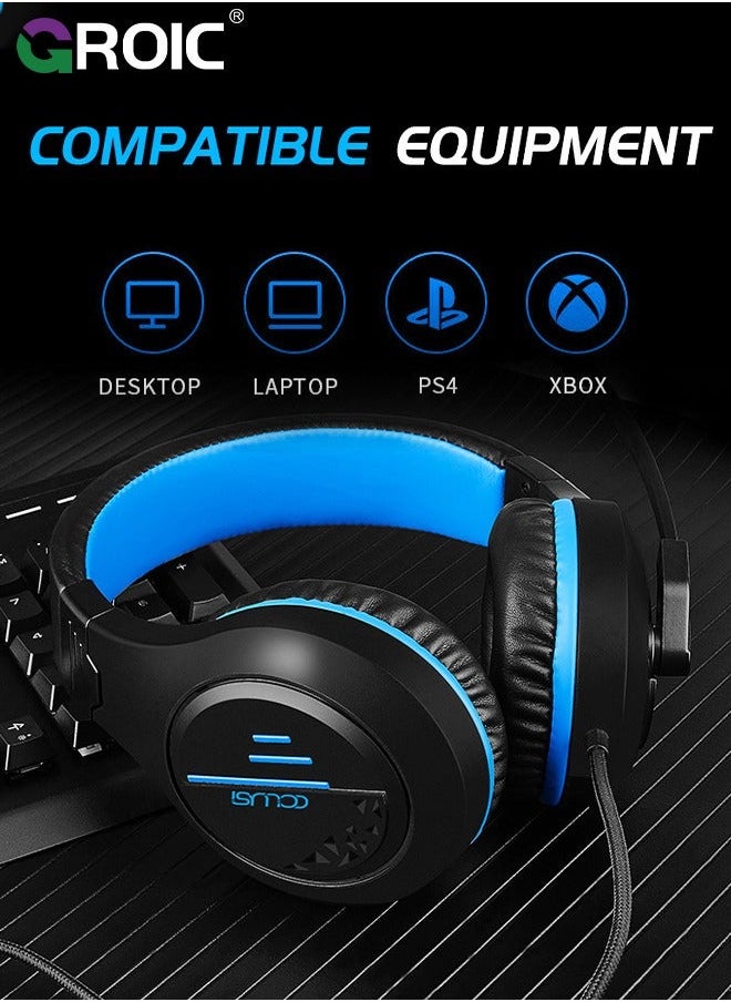 Blue Gaming Headset for PC PS5 PS4 Nintendo Xbox One Mac Laptop, Wired Stereo Over-Ear Headphones with Noise Cancelling Mic, Soft Memory Earmuffs Adults & Kids