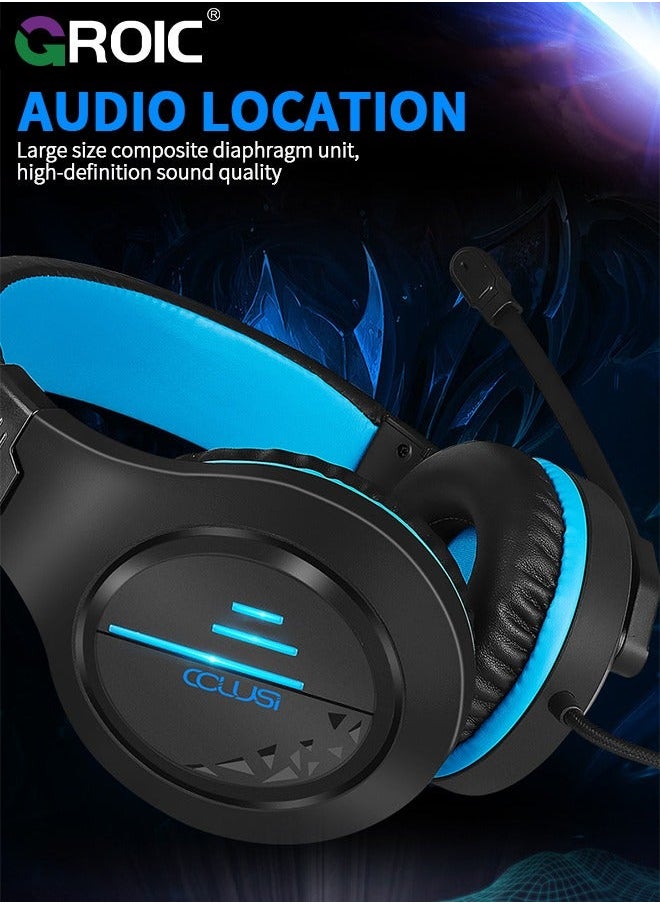 Blue Gaming Headset for PC PS5 PS4 Nintendo Xbox One Mac Laptop, Wired Stereo Over-Ear Headphones with Noise Cancelling Mic, Soft Memory Earmuffs Adults & Kids