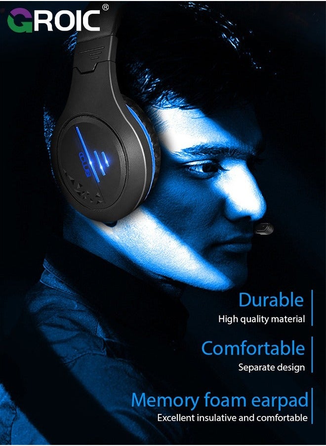 Blue Gaming Headset for PC PS5 PS4 Nintendo Xbox One Mac Laptop, Wired Stereo Over-Ear Headphones with Noise Cancelling Mic, Soft Memory Earmuffs Adults & Kids