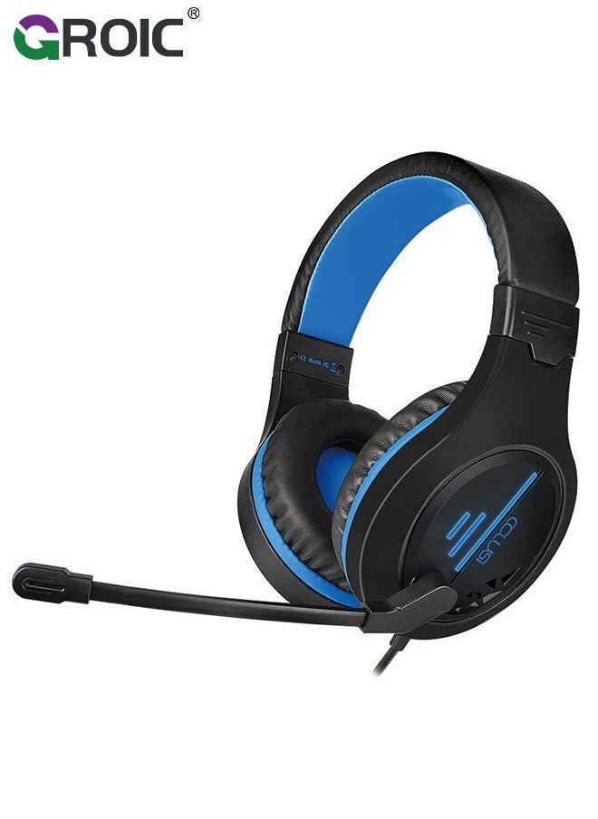 Blue Gaming Headset for PC PS5 PS4 Nintendo Xbox One Mac Laptop, Wired Stereo Over-Ear Headphones with Noise Cancelling Mic, Soft Memory Earmuffs Adults & Kids