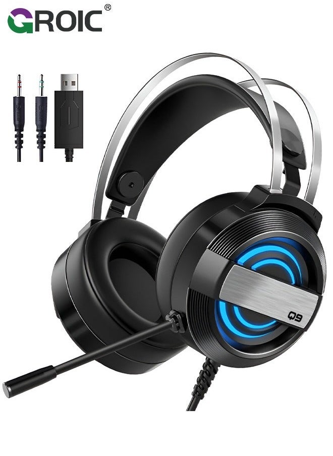 Black Wired Gaming Headset for PS4/PS5/PC/Xbox One, Ergonomic Design Over Ear with Stereo Microphone Sound, Computer USB Jack & RGB