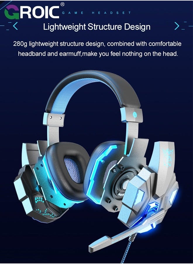 Wired Gaming Headset with Microphone for PS4 PC Xbox One PS5 Controller, LED Light, Bass Surround, Laptop Computer, Switch, Mobile, Noise Cancelling Over Ear Headphones